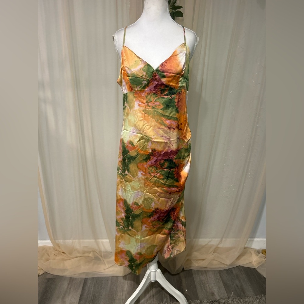 Miss Sparkling Satin Slip Dress Large Abstract Floral Midi NWOT Spaghetti Strap
